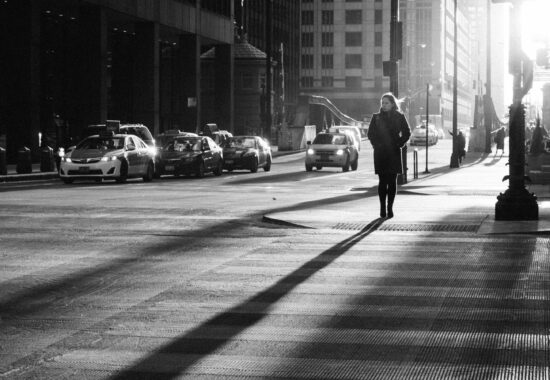 A person walks along a street