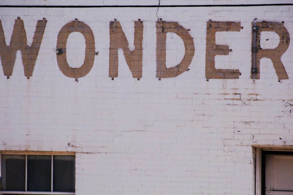 White brick wall with wonder written into it.